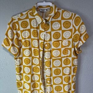 Mighty Fine UNISEX Size Small Celestial Sun Checkered Short Sleeve Button Down
